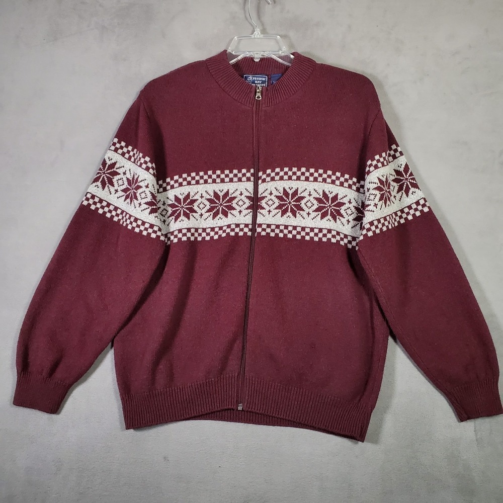 Vintage Peconic Bay Traders Cardigan Mens L Fair Isle Zip Front Nordic Ski Lodge
